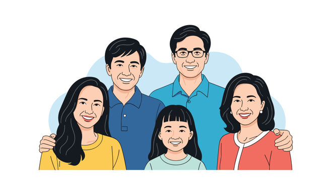 Group portrait of a multi-generational smiling family consisting of two men, two women and a young girl standing together.