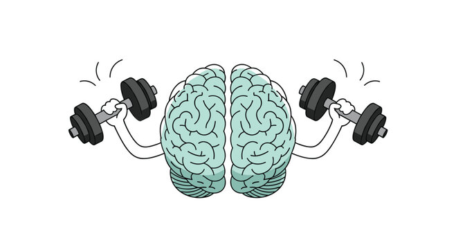 A detailed teal anatomical brain illustration features two muscular arms lifting heavy black dumbbells to demonstrate mental strength and cognitive fitness.