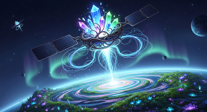 A futuristic satellite with glowing crystals beams energy onto a vibrant, alien planet.