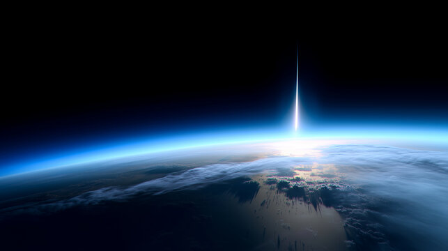 rocket launch viewed from orbit above Earth, bright narrow white exhaust beam piercing the atmosphere, curved planet horizon with blue atmospheric glow, soft sunrise light on the e