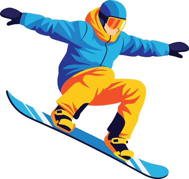 Snowboarder performs an athletic mid-air trick while wearing professional winter gear in this dynamic action-oriented sports illustration.