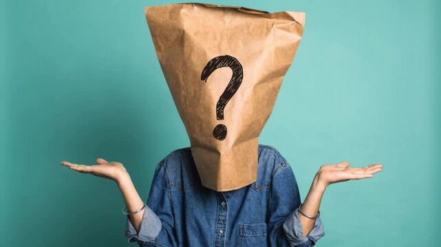 Woman wearing paper bag with question mark on head shrugging shoulders. Anonymous person making I do not know gesture. Clueless and hidden identity concept
