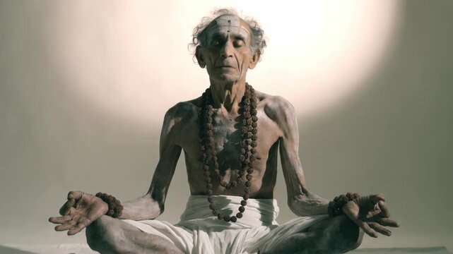 Old Indian sadhu meditating in lotus position with mudra hands. Ascetic yogi wearing rudraksha beads deep in concentration. Spiritual Hindu monk concept