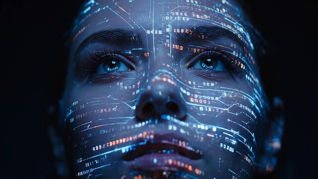Close-up portrait of a futuristic person with digital circuit patterns on their face in darkness