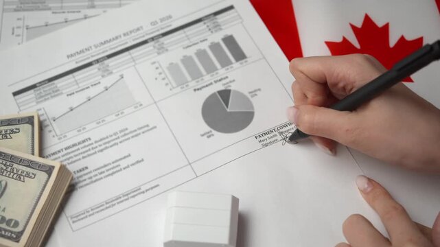 Accountant verifies detailed payment summary for international Canadian company reviewing inflows before securing paid stamp.