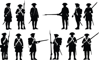 Naklejka premium Silhouettes of colonial soldiers in 18th century uniforms holding muskets, symbolizing military history, revolution, discipline, war, and historical reenactment.