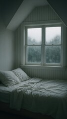 Fototapeta premium Cozy attic bedroom with rain.