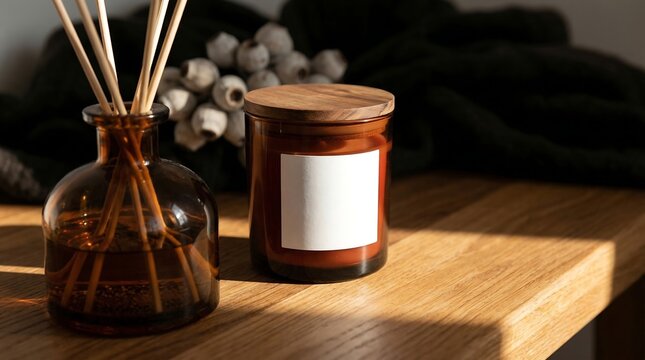 Aromatherapy diffuser and candle with blank label standing on wooden table with eucalyptus decor in warm sunlight png set