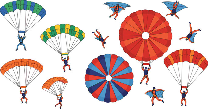 Professional Vector Skydiver Illustration Set Featuring Various Parachute Styles Wingsuit Flyers and Parachutists in Mid Air Flight Poses for Extreme Sport and Adventure Media Projects