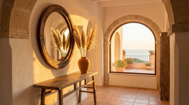 Warm Terracotta Entryway Arched Mirror Console Table. Mediterranean-inspired foyer with curved mirror, slim wooden table, and dried pampas grass, sunset glow