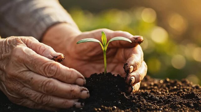 Hands Planting Small Green Seedling Soil.