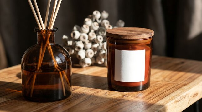 Aromatherapy diffuser and candle with blank label standing on wooden table with eucalyptus decor in warm sunlight png set