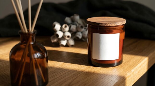 Aromatherapy diffuser and candle with blank label standing on wooden table with eucalyptus decor in warm sunlight png set