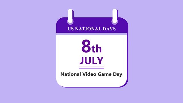 Gaming culture calendar interface featuring 8th July National Video Game Day with clean minimal date layout and entertainment theme on purple background 4k animation video