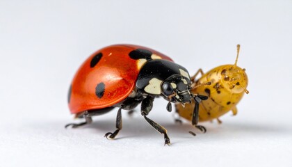 Fototapeta premium Ladybug and Yellow Ladybug Larva - A Close-Up Encounter on White.