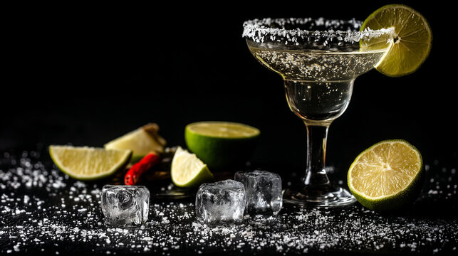 clear margarita is served with lime wedges, salt, and chili peppers.