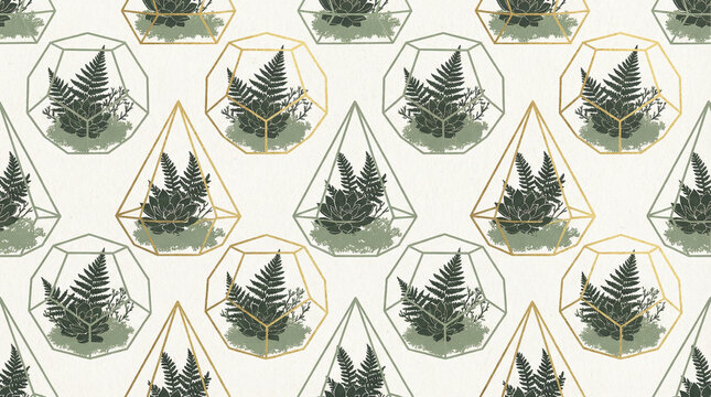 Geometric Terrarium Shapes Abstract Green Glass Pattern. Repeating pattern of hexagonal and triangular terrarium outlines with plant silhouettes, sage green and gold, no people