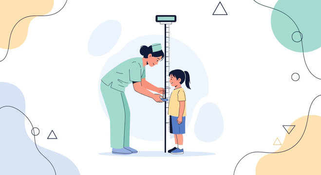 Nurse measuring child's height on a stadiometer, growth check, healthcare concept