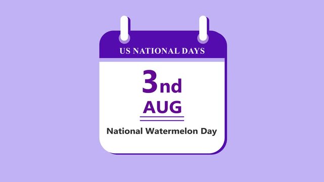 Summer fruit calendar interface featuring 3rd August National Watermelon Day with clean minimal date layout and fresh theme on purple background 4k animation video
