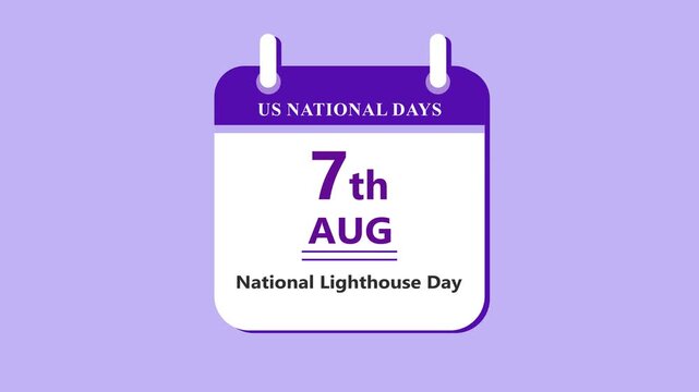 Navigation landmark calendar interface showing 7th August National Lighthouse Day with clean minimal date layout and coastal theme on purple background 4k visuals