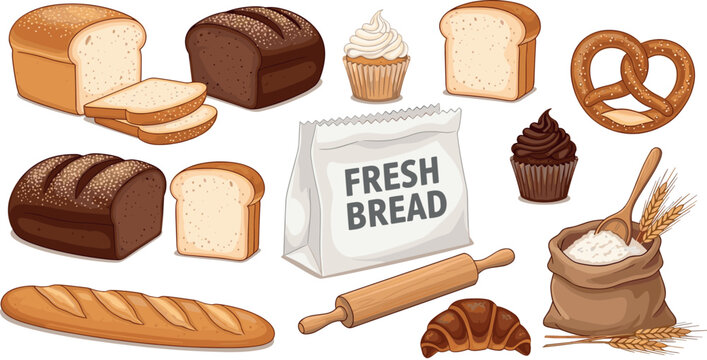 Bakery bread vector set with loaves baguette pretzel cupcake croissant flour bag and baking illustration