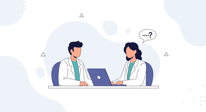 Two doctors discussing medical case on laptop, questioning and collaborating