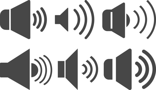 Speaker and sound icon set including volume up, down, mute and audio wave symbols in red, yellow and gray styles isolated on white background, ideal for media and UI design.