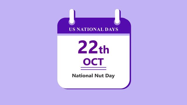 Nutritious snack calendar interface featuring 22nd October National Nut Day with clean minimal date layout and healthy food theme on purple background 4k animation video