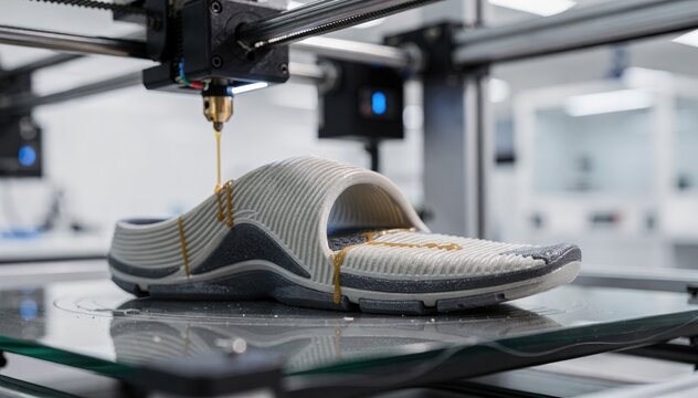 Closeup of 3D printing process creating innovative sock sole with arch support showcasing layerbylayer additive manufacturing technology in a modern prototyping lab.