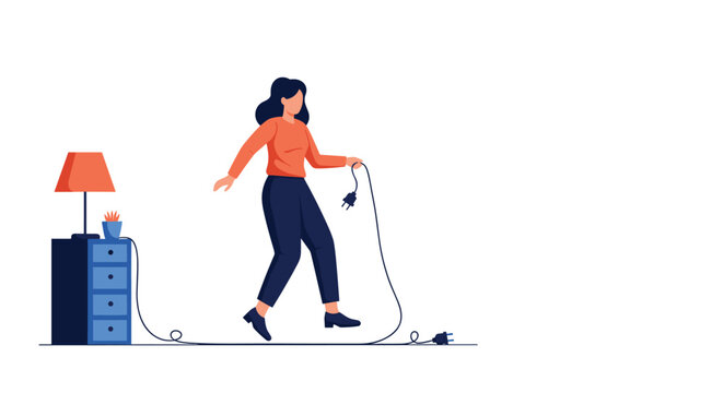 Clumsy person accidentally tripping over a long tangled electrical cord in a dark room near a blue nightstand and lamp.