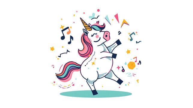 A cheerful cartoon unicorn dancing with colorful musical notes and confetti