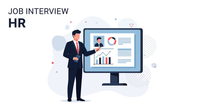 HR Professional Conducting Job Interview Presentation with Analytics on Screen