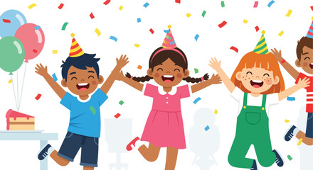 Fototapeta premium Small group of diverse kids celebrating a fun birthday party with confetti cake
