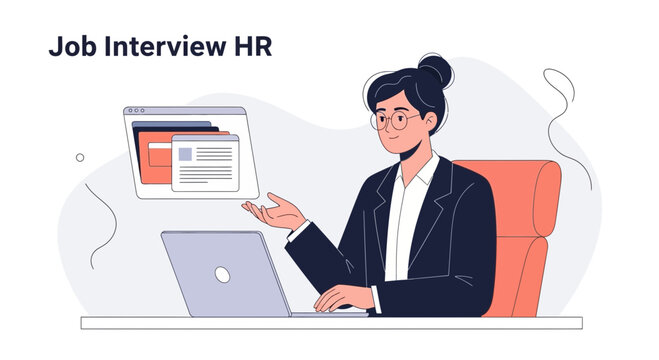 Job Interview HR: Woman Recruiter with Laptop and CVs