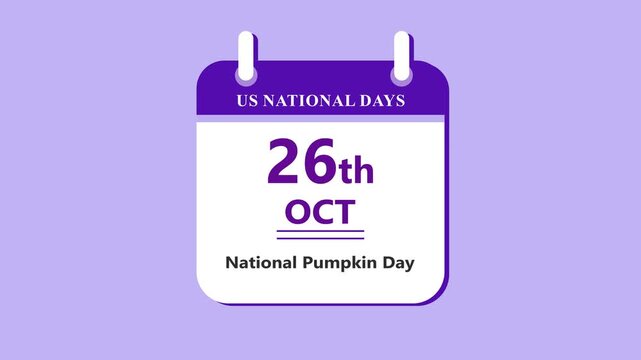 Autumn harvest calendar interface featuring 26th October National Pumpkin Day with clean minimal date layout and seasonal theme on purple background 4k animation video