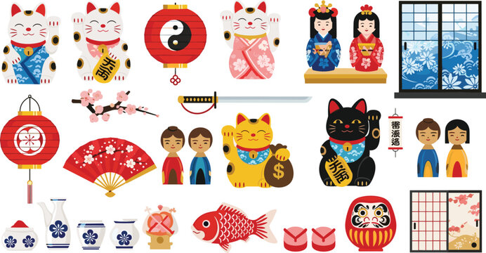 Japanese Culture and Luck Vector Set Featuring Maneki-neko Lucky Cats, Daruma Dolls, Kokeshi Figures, Lanterns, and Traditional Icons