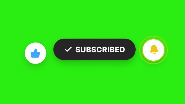 Interactive subscription bar button clicks to active state with notification bell and like thumb icon for video editing overlays on chroma key green screen.
