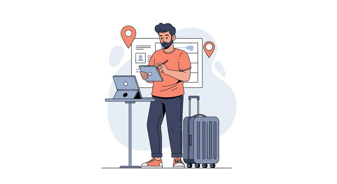Man planning travel with tablet and suitcase, digital itinerary on screen