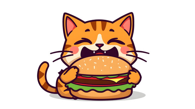 Cartoon cat happily eating a big burger