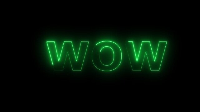 green color neon wow text icon animation on black background. Seamless loop. neon luxury wow text animation.