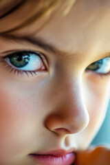 Fototapeta premium A close-up shot of a young girl with bright blue eyes. vertical frame