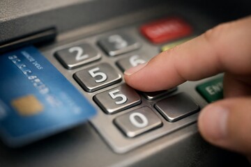 Obraz premium Hand Entering PIN on ATM Keypad with Bank Card