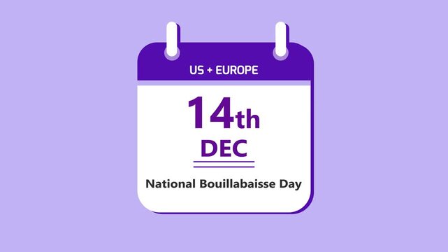 French cuisine calendar interface featuring 14th December National Bouillabaisse Day with clean minimal date layout and seafood dish theme on purple background 4k visuals