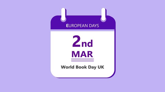 Reading awareness calendar interface featuring 2nd March World Book Day UK with clean minimal date layout and education theme on purple background 4k animation video