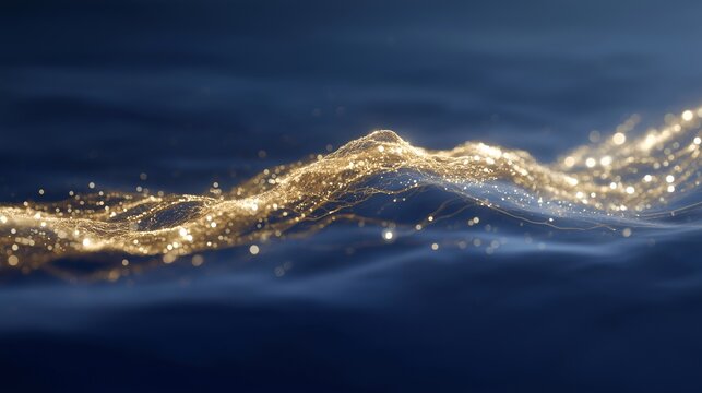 Dopamine surge illustrated as golden wave cresting through a limbic pathway diagram, set against deep midnight blue with subtle bioluminescent shimmer at the wave peak, perfect for reward system