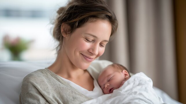 Mother holds her newborn on a hospital bed in soft May morning light, spring blossoms visible through the window, her exhausted and joyful expression unposed and candid, ideal for Mother's Day, new