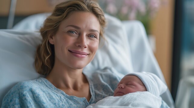 Mother holds her newborn on a hospital bed in soft May morning light, spring blossoms visible through the window, her exhausted and joyful expression unposed and candid, ideal for Mother's Day, new