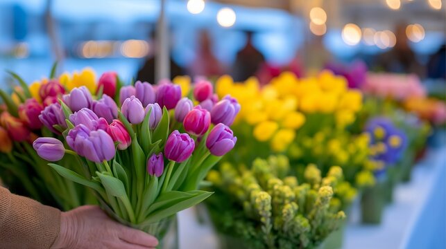 Vibrant colorful spring farmers market stall overflowing with tulips, peonies, and herbs, a candid unposed moment of a vendor handing a bouquet to a customer, ideal for spring outdoor season,