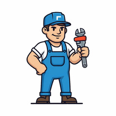 Fototapeta premium Cartoon Plumber Man Holding Wrench Ready to Work.