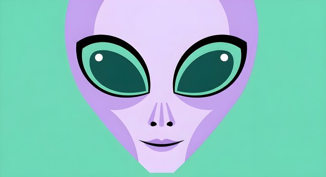 Stylized purple alien face with large green eyes, extraterrestrial humanoid portrait, sci-fi character illustration on teal background